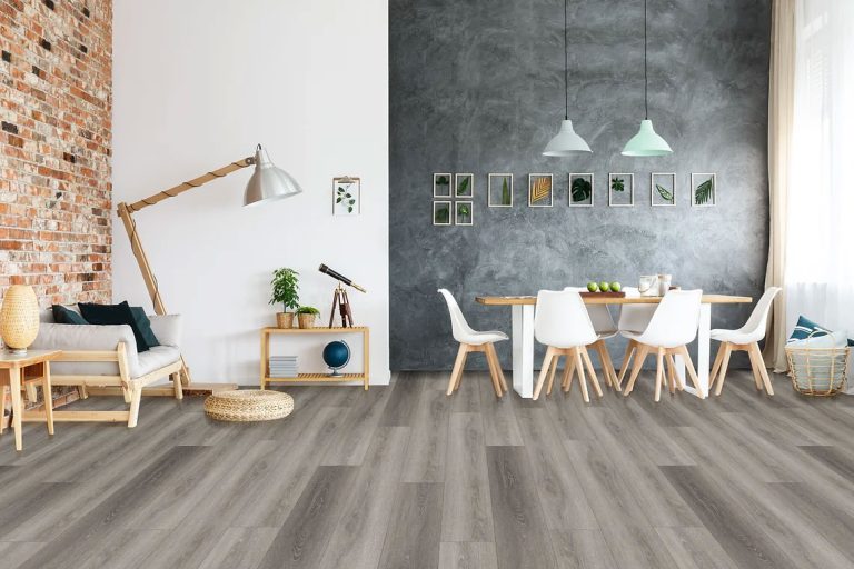 AQ301 4 misty wood bulk vinyl diningroom brick wall white chairs