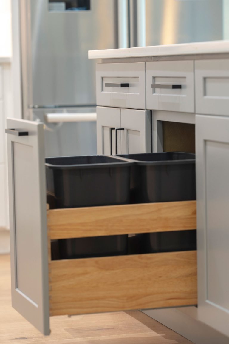 gray shaker cabinet pull out trash bin