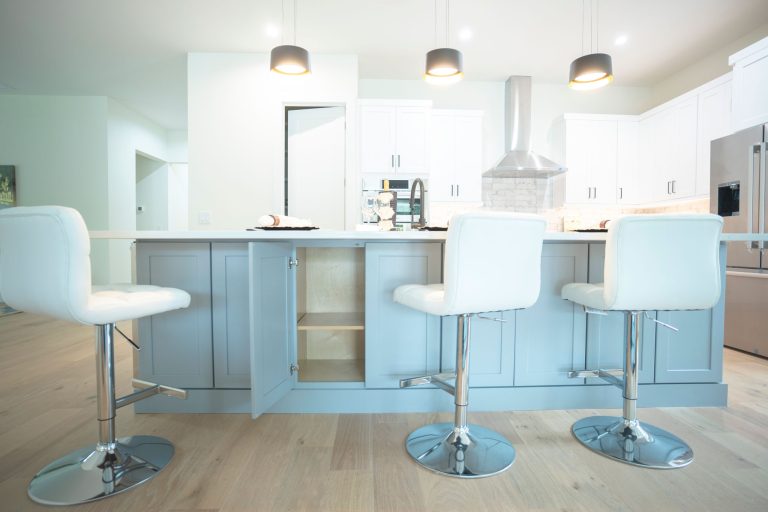gray shaker island open cabinets white stools
